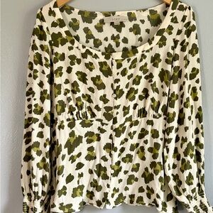 LOFT Olive and Cream Patterned Blouse‎